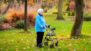Elderly woman using a rollator with a seat and wider outdoor wheels as he suffers from Parkinson's and need extra support while walking outside.