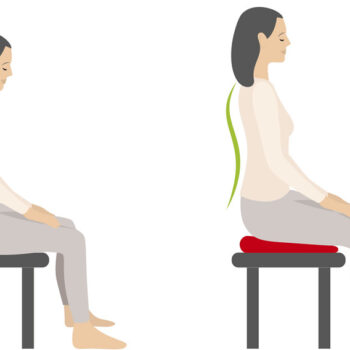 Two women demonstrating posture changes with and without the Sissel Sitfit Plus Balance Cushion.