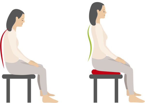 Two women demonstrating posture changes with and without the Sissel Sitfit Plus Balance Cushion.