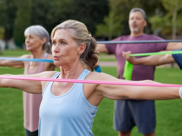Group of elderly people working out in the park using resistance bands.