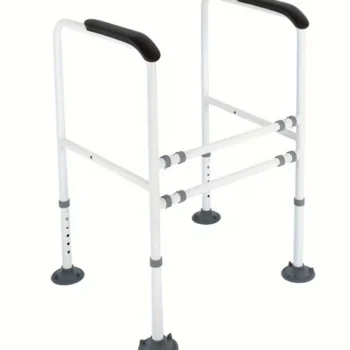 Adjustable white metal toilet safety frame with padded black armrests and non-slip rubber feet.