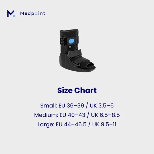 The short orthopaedic boot's size chart.