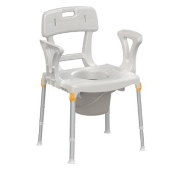 Front view of the shower chair with commode and removable bucket, showing full frame and support features.