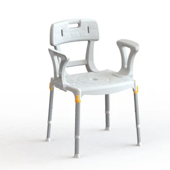 Front view of the shower chair with commode seat in place with a closed lid, highlighting compact design.