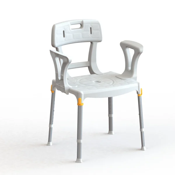 Front view of the shower chair with commode seat in place with a closed lid, highlighting compact design.
