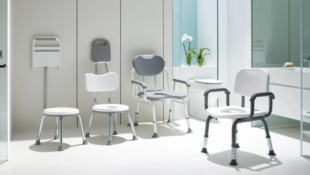 Image illustrating the different types of shower chairs such as shower stools, variants with hand and backrests.