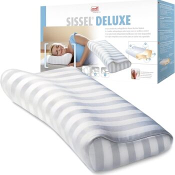 SISSEL Soft Deluxe Orthopaedic Pillow displayed both inside its box and outside beside the packaging