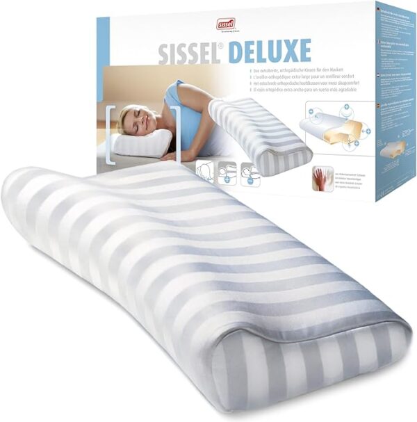 SISSEL Soft Deluxe Orthopaedic Pillow displayed both inside its box and outside beside the packaging