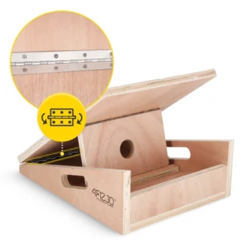 wooden slant board rear view in home gym setting for stretching and rehabilitation use