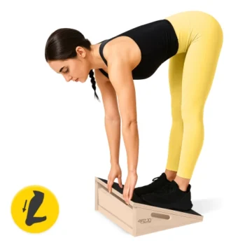 wooden slant board rear view in home gym setting for stretching and rehabilitation use