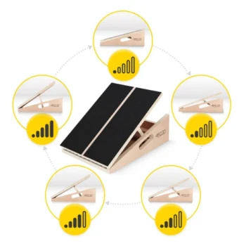 wooden slant board rear view in home gym setting for stretching and rehabilitation use