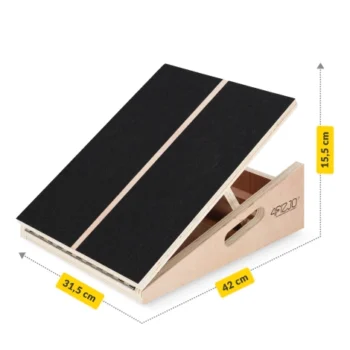 wooden slant board rear view in home gym setting for stretching and rehabilitation use