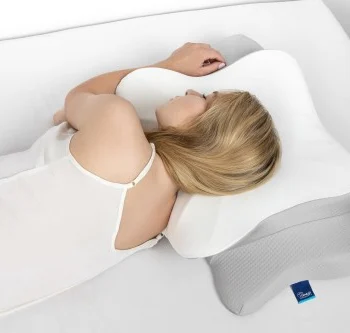 Ergonomic Sleep Apnea Pillow with memory foam and CPAP mask cutouts, supporting head, neck, and shoulders for side sleepers