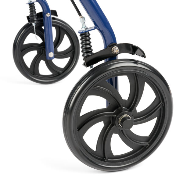Close-up view of a rollator walker's large black wheels, featuring built-in suspension springs and a sturdy blue frame.
