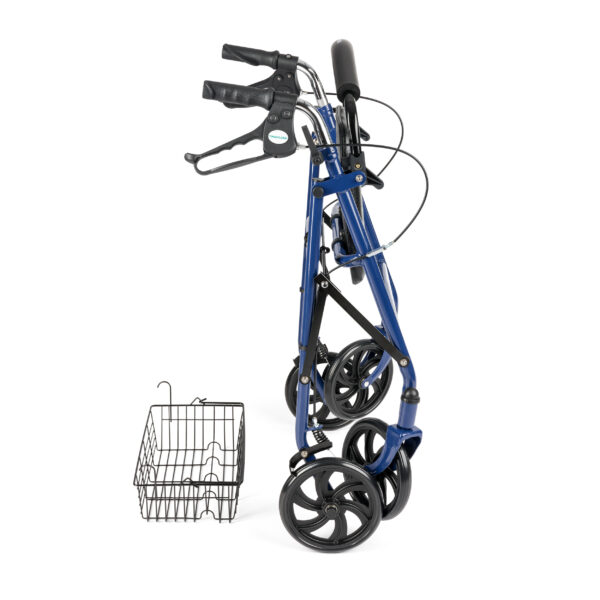Folded blue rollator walker with four wheels and detachable wire basket placed beside it.