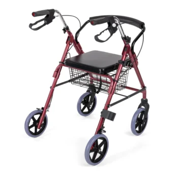 Back view of the rollator highlighting padded backrest and rear wheels.