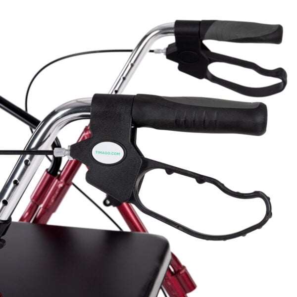 Close-up of ergonomic handles with hand brakes and locking mechanism on the rollator.