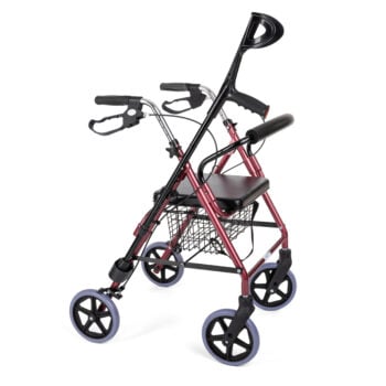 Close-up of integrated crutch and walking cane holder attached to the rollator frame.