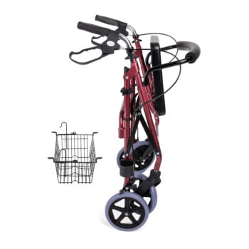 Claret red rollator folded for compact storage and transport.