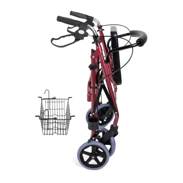 Claret red rollator folded for compact storage and transport.