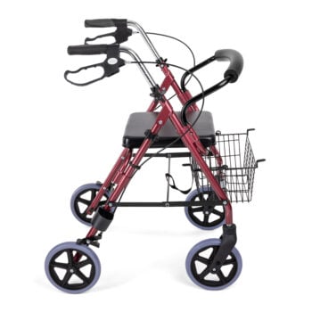 Side profile of a claret red rollator showing seat, backrest, and large 8-inch wheels.