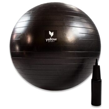 A durable black Sport gym fitness ball with pump, perfect for balance exercises, pregnancy use, and gym workouts, available in various sizes