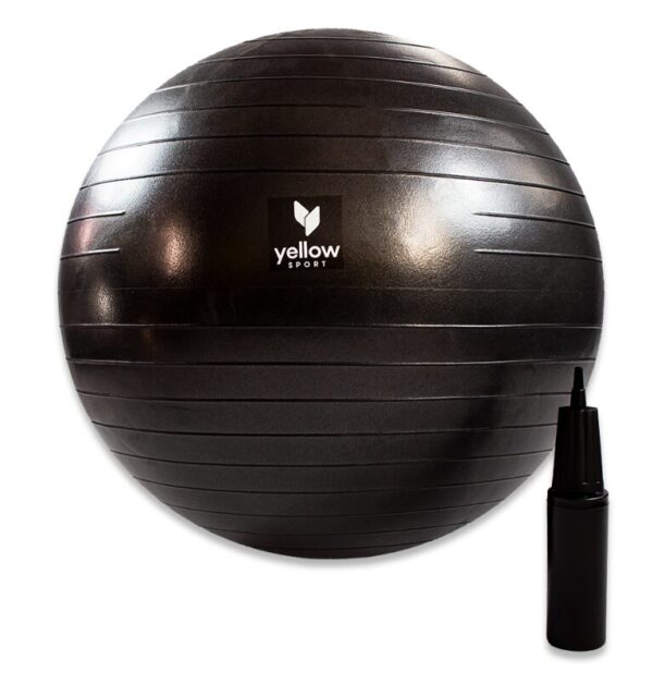 A durable black Sport gym fitness ball with pump, perfect for balance exercises, pregnancy use, and gym workouts, available in various sizes