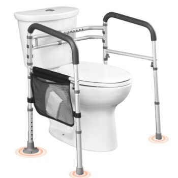 Adjustable toilet safety rail with non slip handles