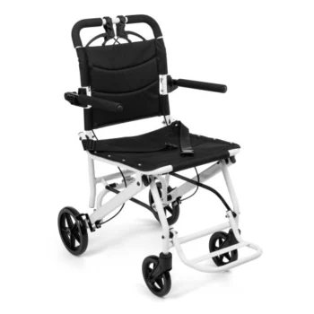 lightweight folding transport wheelchair with footrests and safety belt for secure assisted mobility