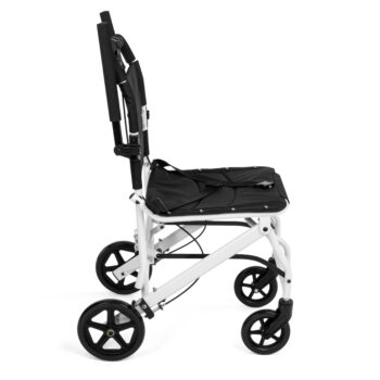 wheelchair with flip-up armrests and rear manual brakes for safe and controlled assisted movement