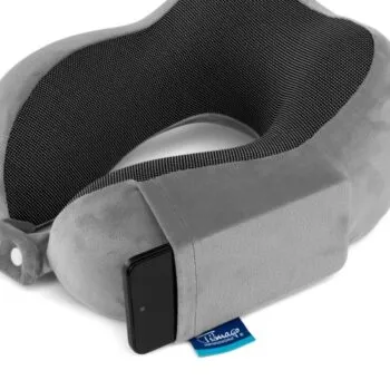 “Orthopaedic Travel Pillow with memory foam for neck and head support in blue and grey”