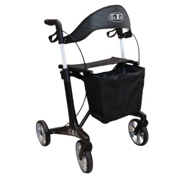 Front view of the carbon ultra light rollator showing the seat, adjustable handles, wheels, and attached shopping bag. Perfect for rehabilitation, seniors, and everyday mobility support.