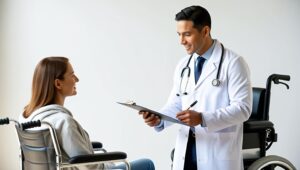 GP running a wheelchair assessment with a patient to see what wheelchair they qualify for.