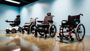 A showroom with different types of electric wheelchairs.