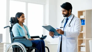 An HSE GP assessing a patient's needs for a power wheelchair.