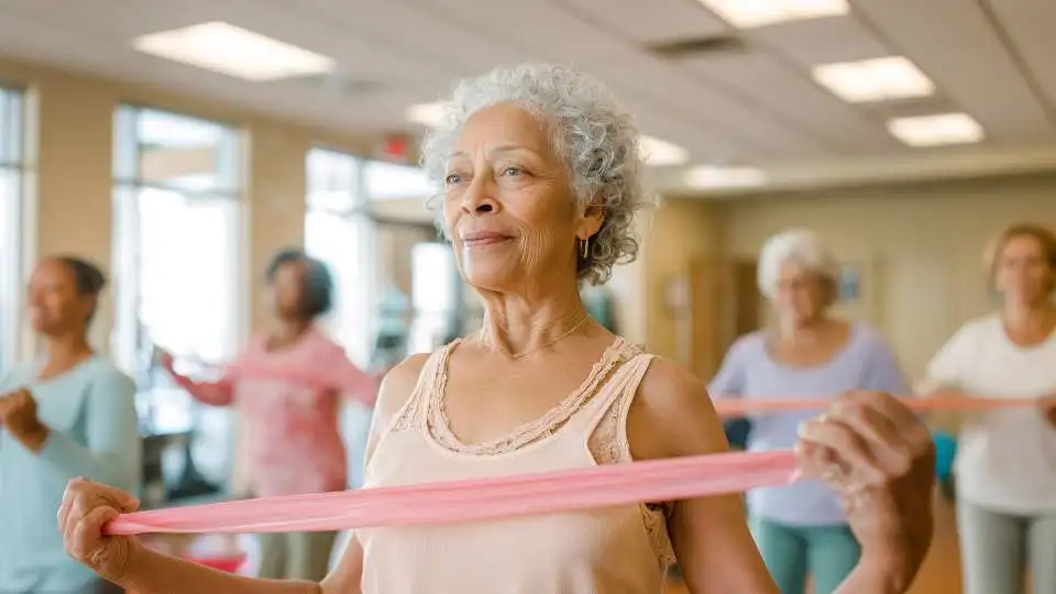 A senior lady using a latex rubber resistance band for strength training.