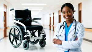 A hospital nurse with white apron explaining the difference between electric wheelchair and a power wheelchair.
