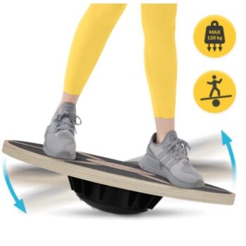 Wooden balance board with non-slip surface and black wobble base