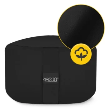 A black oval-shaped meditation cushion with a fabric handle and a small brand label on the front. A circular inset shows a close-up of the cotton fabric texture with a yellow cotton icon.