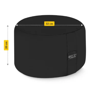 A black round meditation cushion with a small front handle and label. A measurement graphic shows the cushion is 32 cm wide and 20 cm tall.