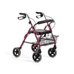 Lightweight claret red 4-wheeled rollator with padded seat, backrest, and open basket, ideal for mobility support.
