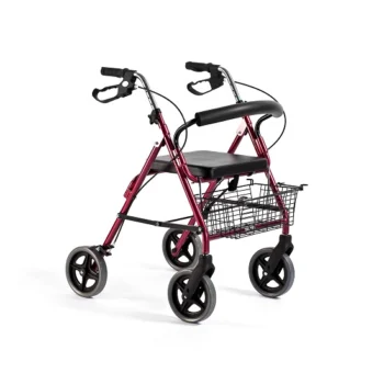 Lightweight claret red 4-wheeled rollator with padded seat, backrest, and open basket, ideal for mobility support.
