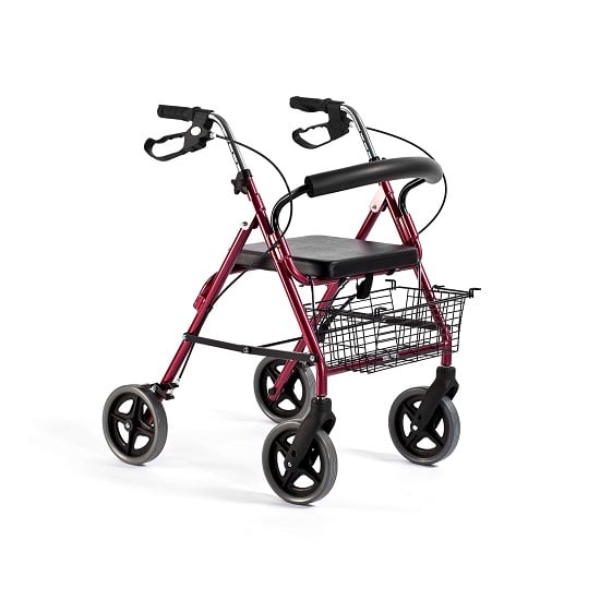 Lightweight claret red 4-wheeled rollator with padded seat, backrest, and open basket, ideal for mobility support.