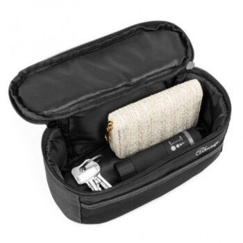 Wheelchair armrest bag in use holding personal items for convenient daily access