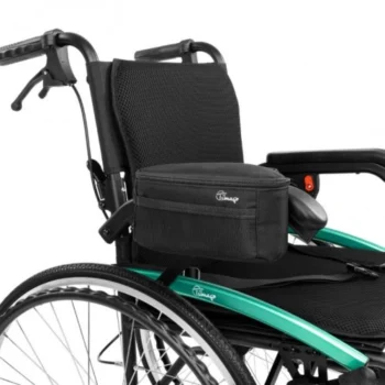 Side view of wheelchair armrest bag showing compact design and easy access pocket