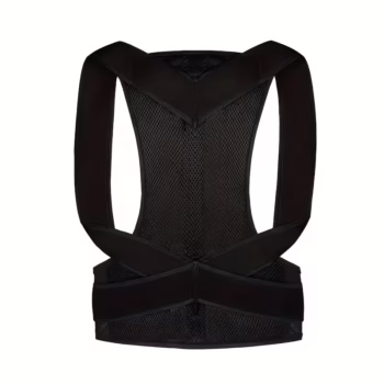 Adjustable back posture corrector brace shown from rear with cross-strap design