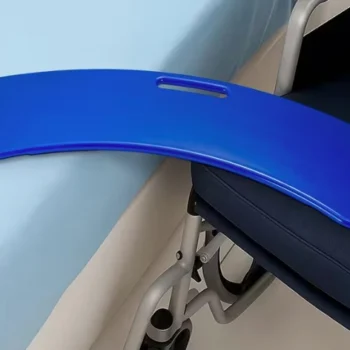 Banana shaped transfer board with a smooth sliding surface and built in handrails designed to help users move safely between a wheelchair, bed, toilet or car.