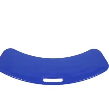 Banana shaped transfer board with a smooth sliding surface and built in handrails designed to help users move safely between a wheelchair, bed, toilet or car