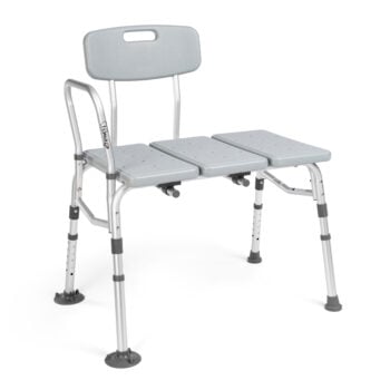 Angled view of a fully assembled transfer bench with backrest, armrest, and non-slip legs for safe bathing.