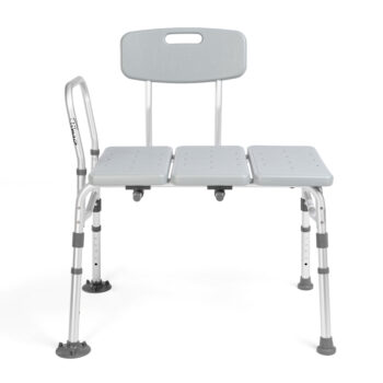 Front-facing view of the bath seat transfer bench showing wide seat, supportive backrest, and sturdy frame.